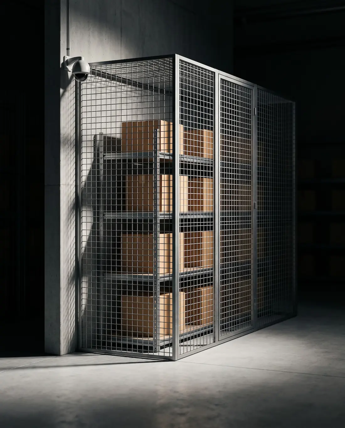 A restricted-access caged storage area for high-value goods under CCTV