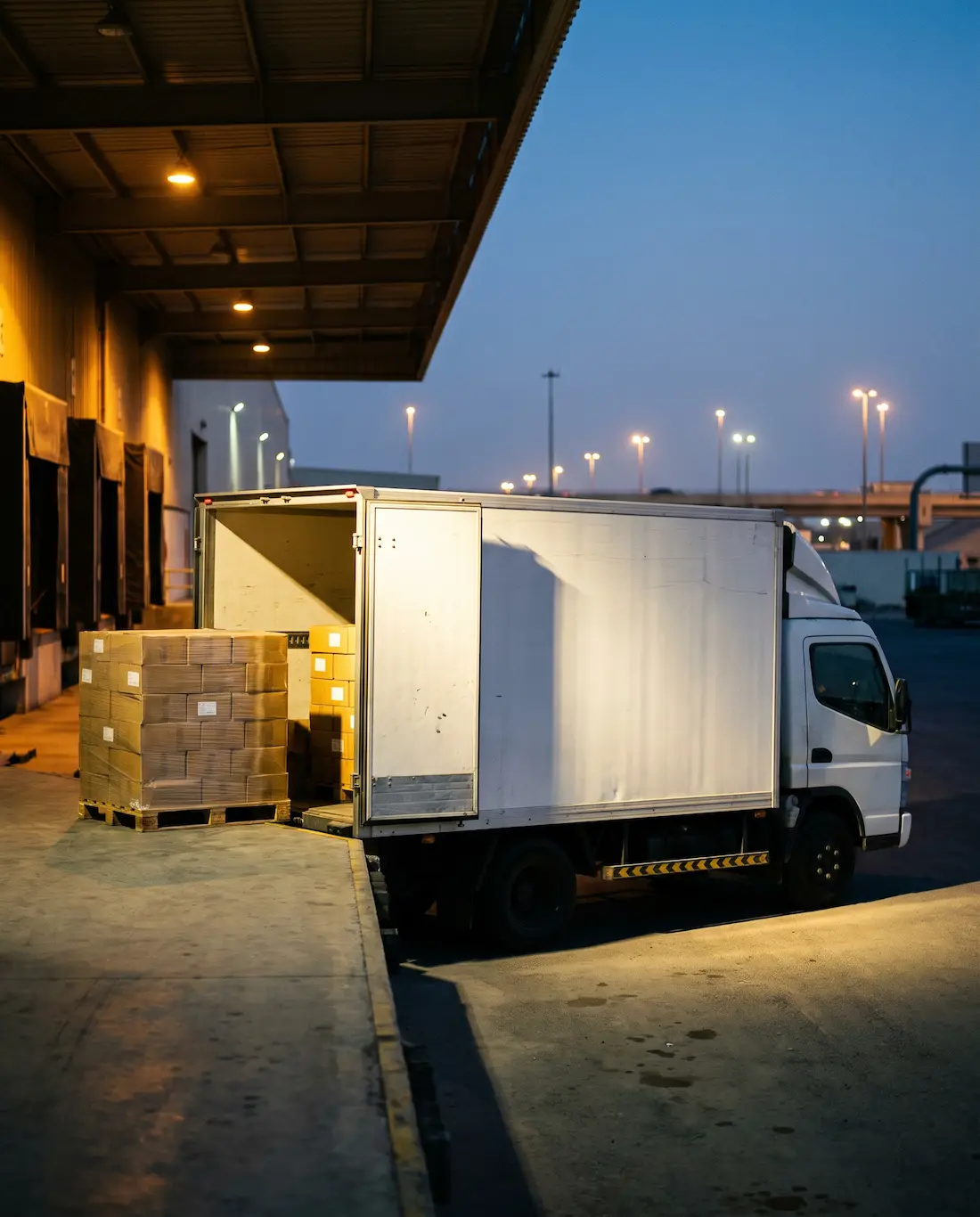 Palletised cartons being loaded onto a delivery truck at the loading bay