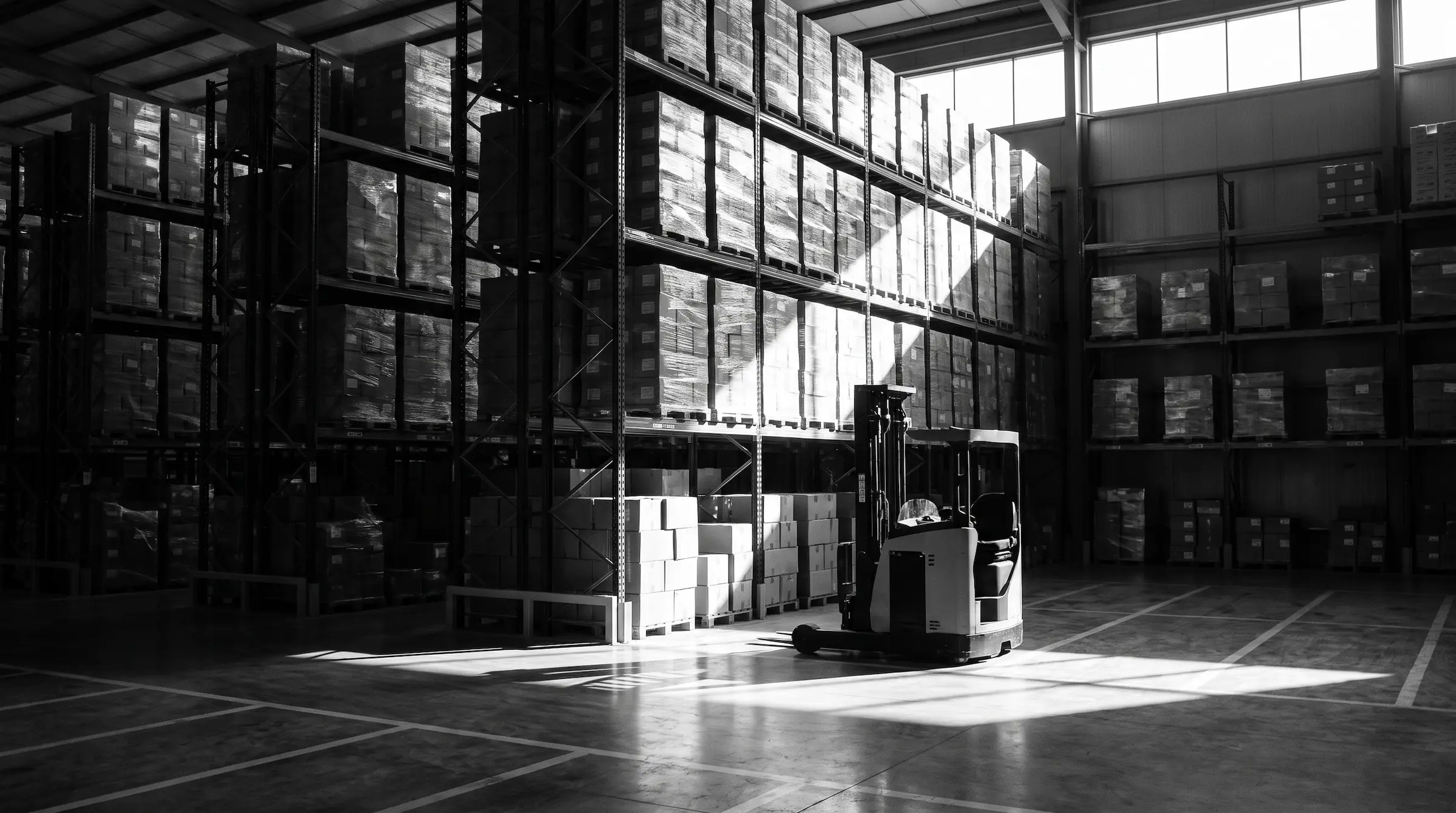 Tall pallet racking with palletised cartons and a forklift inside a commercial warehouse