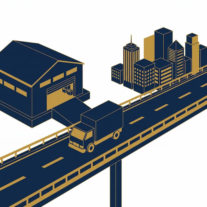 Illustration: a truck leaving the warehouse dock on a highway towards the city