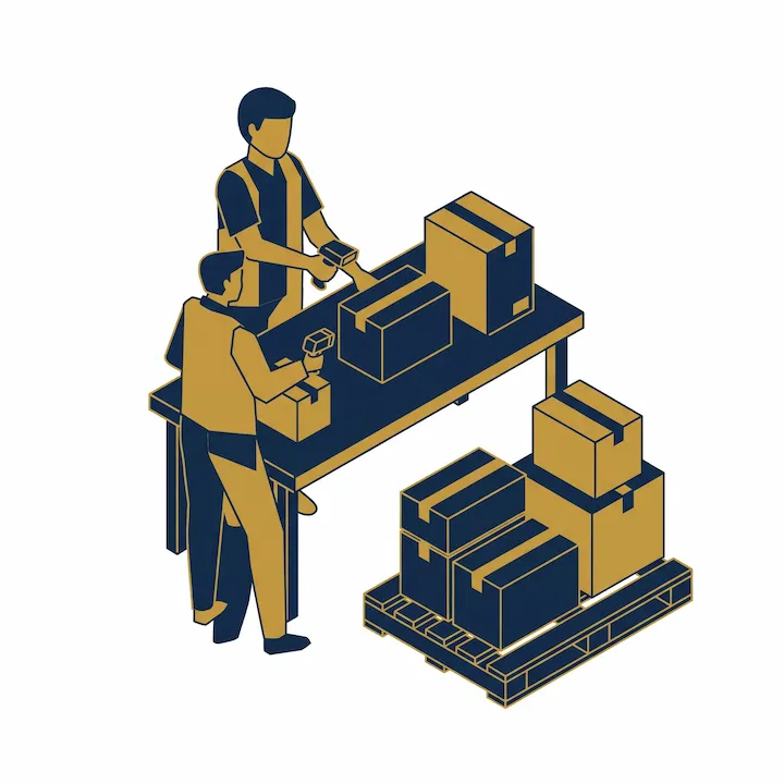 Illustration: warehouse staff scanning and labelling cartons at a packing table