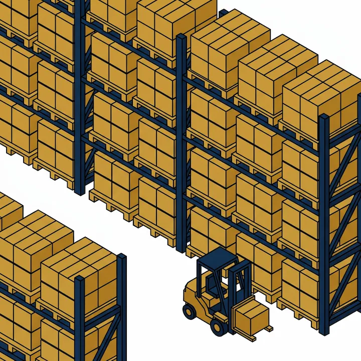 Illustration: palletised cartons on warehouse racking with a forklift